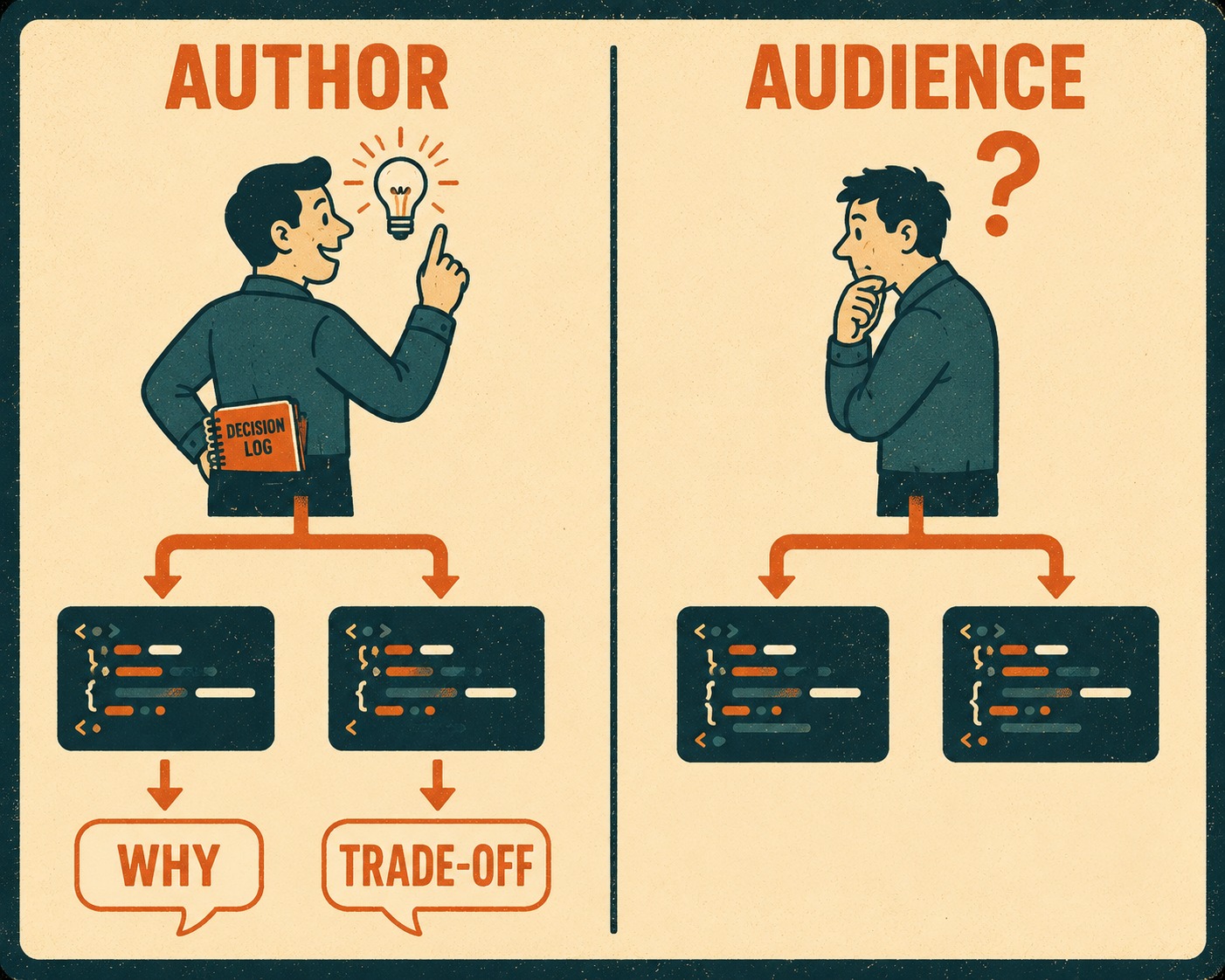 Before-and-after comparison of developer as author versus audience of code