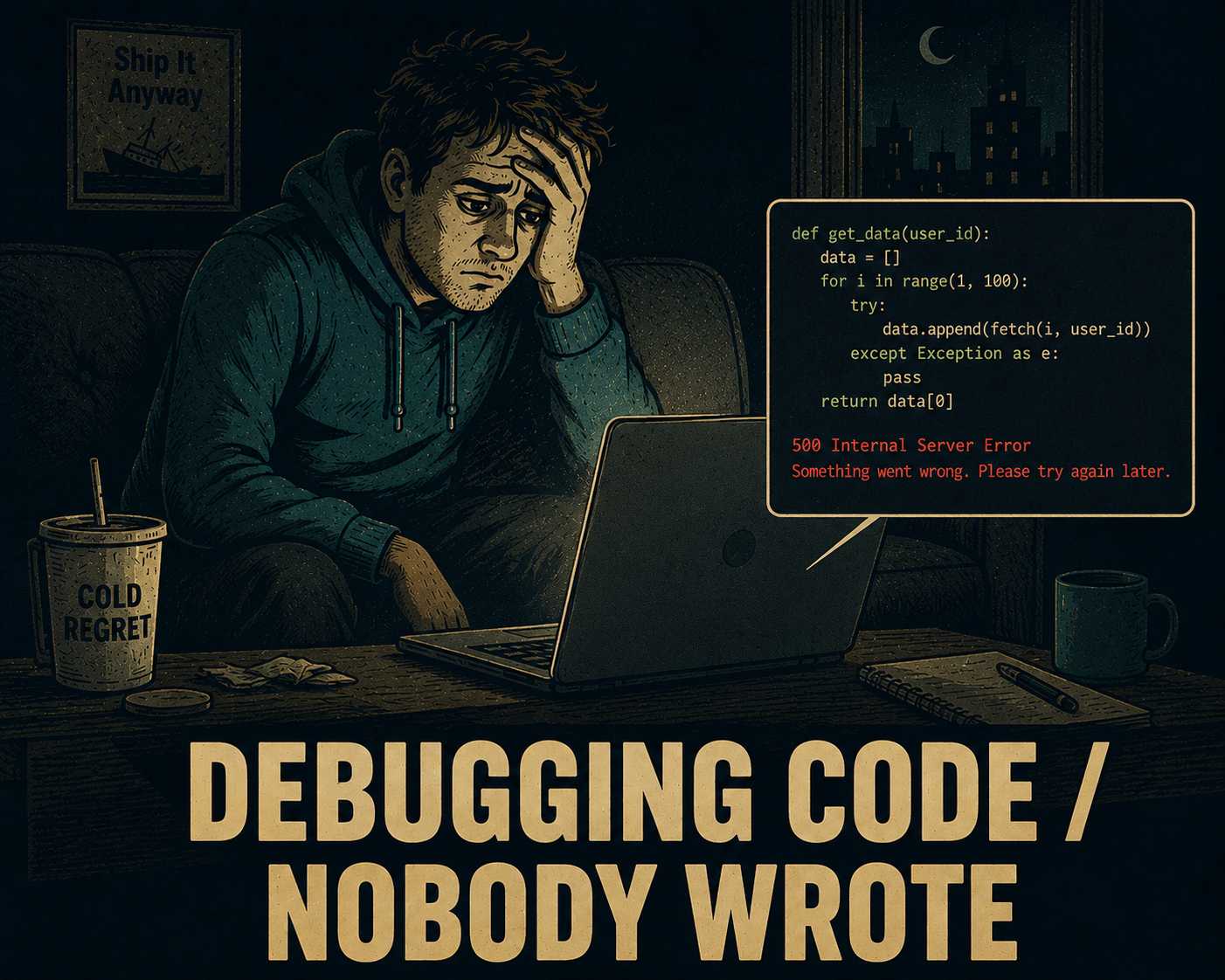 Person on couch debugging code at night, staring at laptop in confusion