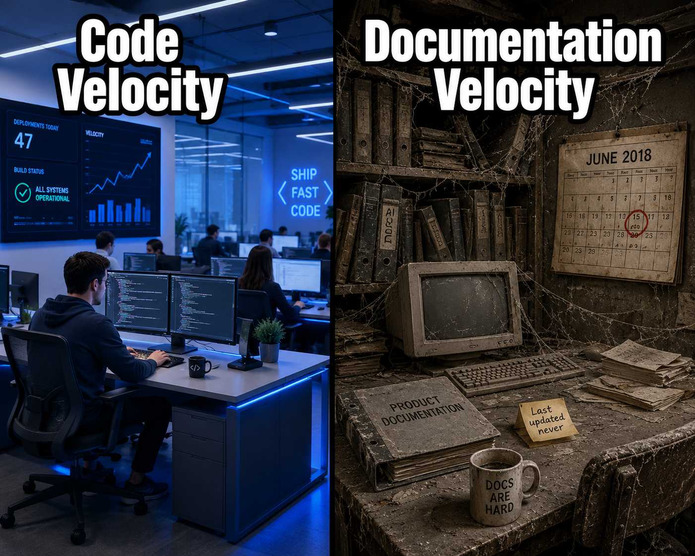 Split-screen meme: modern office vs. abandoned dusty library labeled with mismatched velocities