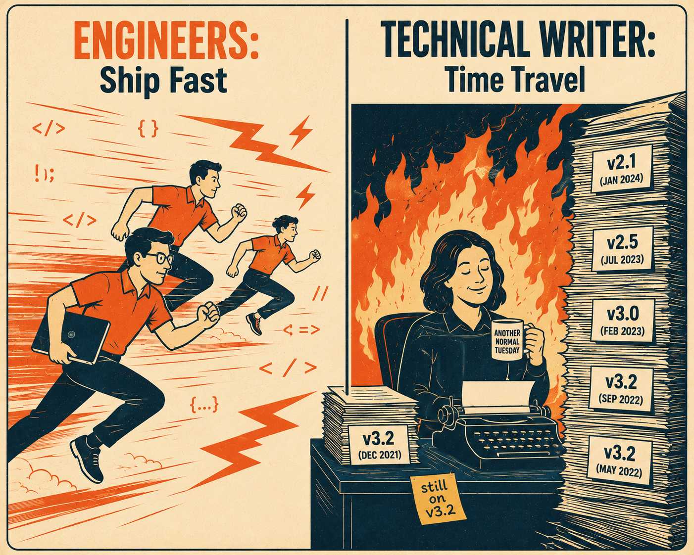 Split-screen showing engineers moving fast while writer calmly types amid growing documentation debt