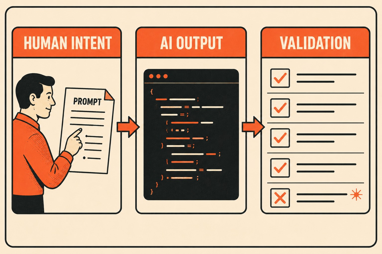 Three-column diagram showing human intent, AI output, and validation process flow