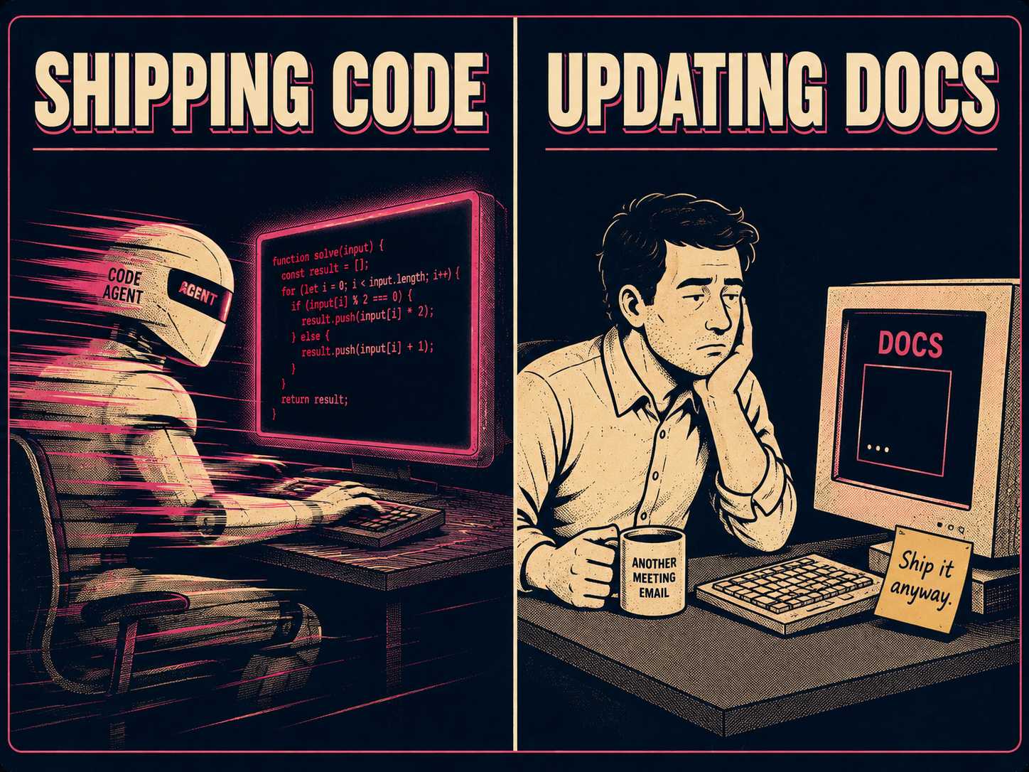Coding agent moving at high speed versus one person slowly updating documentation