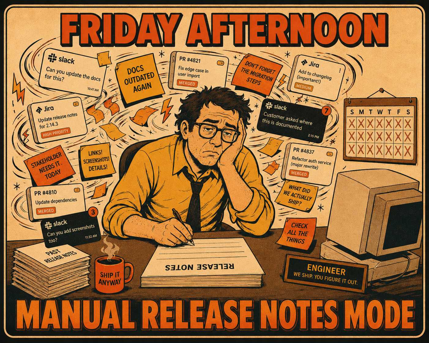 Exhausted engineer surrounded by chaotic floating Jira tickets and Slack messages, manually compiling release notes