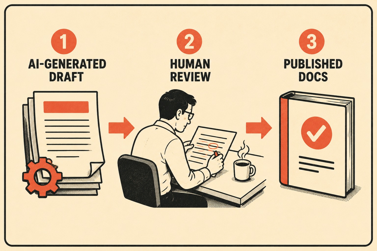 Three-stage flow: AI draft, human review with pen, published docs with checkmark