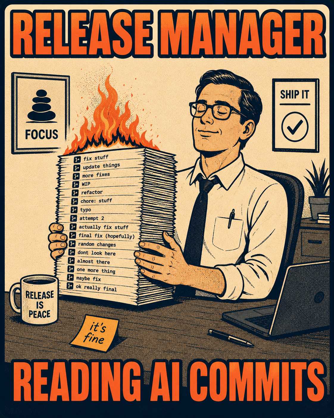 Release manager calmly holding burning stack of commit messages at desk.
