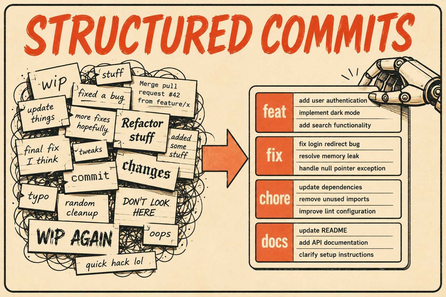 Messy commits transform into organized categories using conventional commit types.