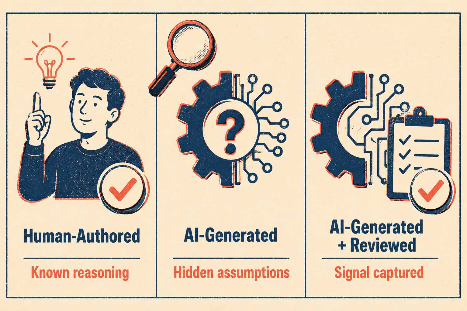 Three-column diagram showing attribution differences between human, AI, and reviewed AI code.