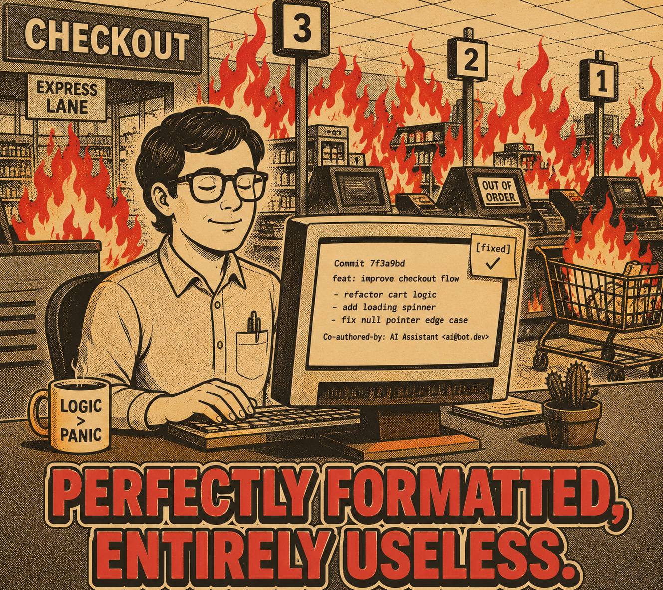 Developer calmly reading commit message while checkout system burns in background.