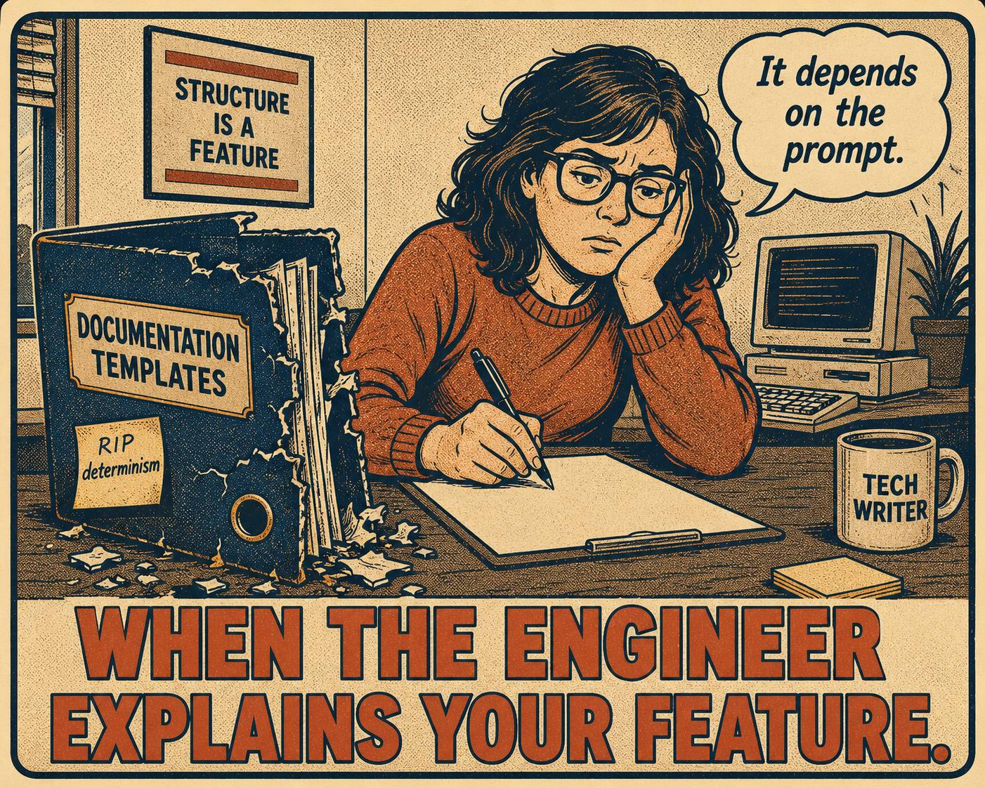 Technical writer staring at blank page, documentation binder cracking beside them.