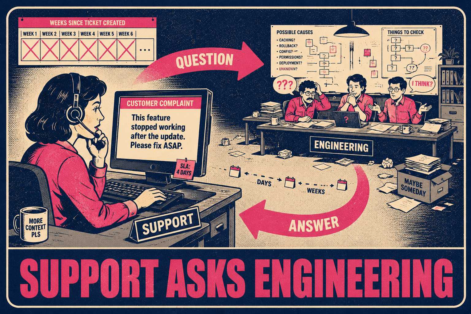 Support agent at desk with arrow pointing to distant confused engineers, calendar showing weeks passing