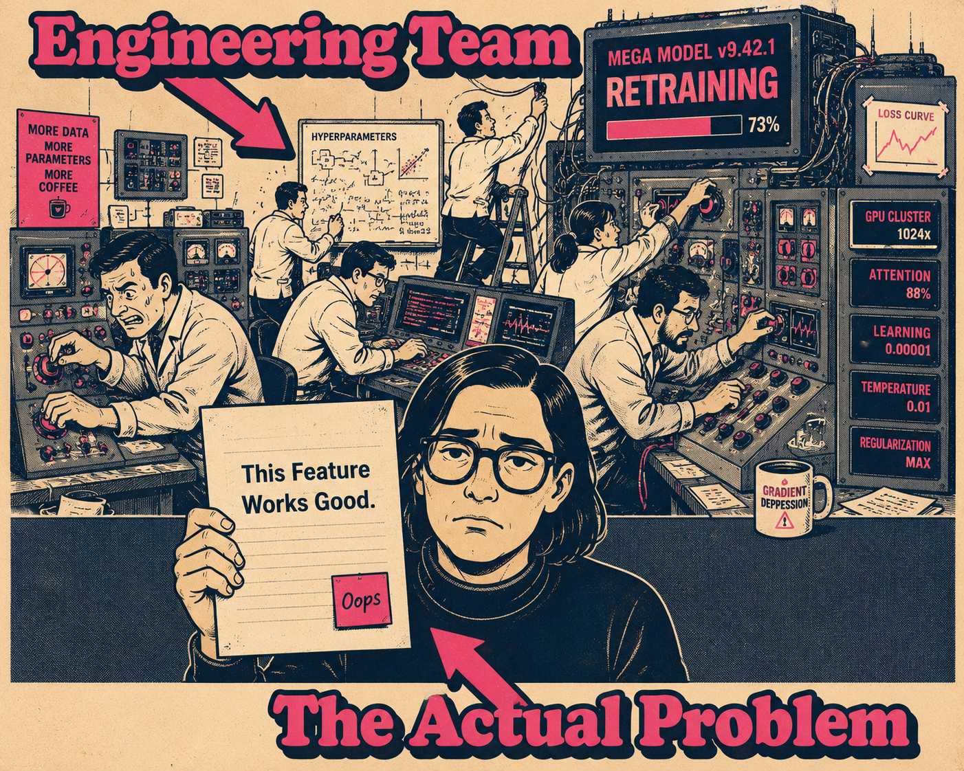 Engineers frantically adjusting model parameters while documentation sits untouched and obviously broken.