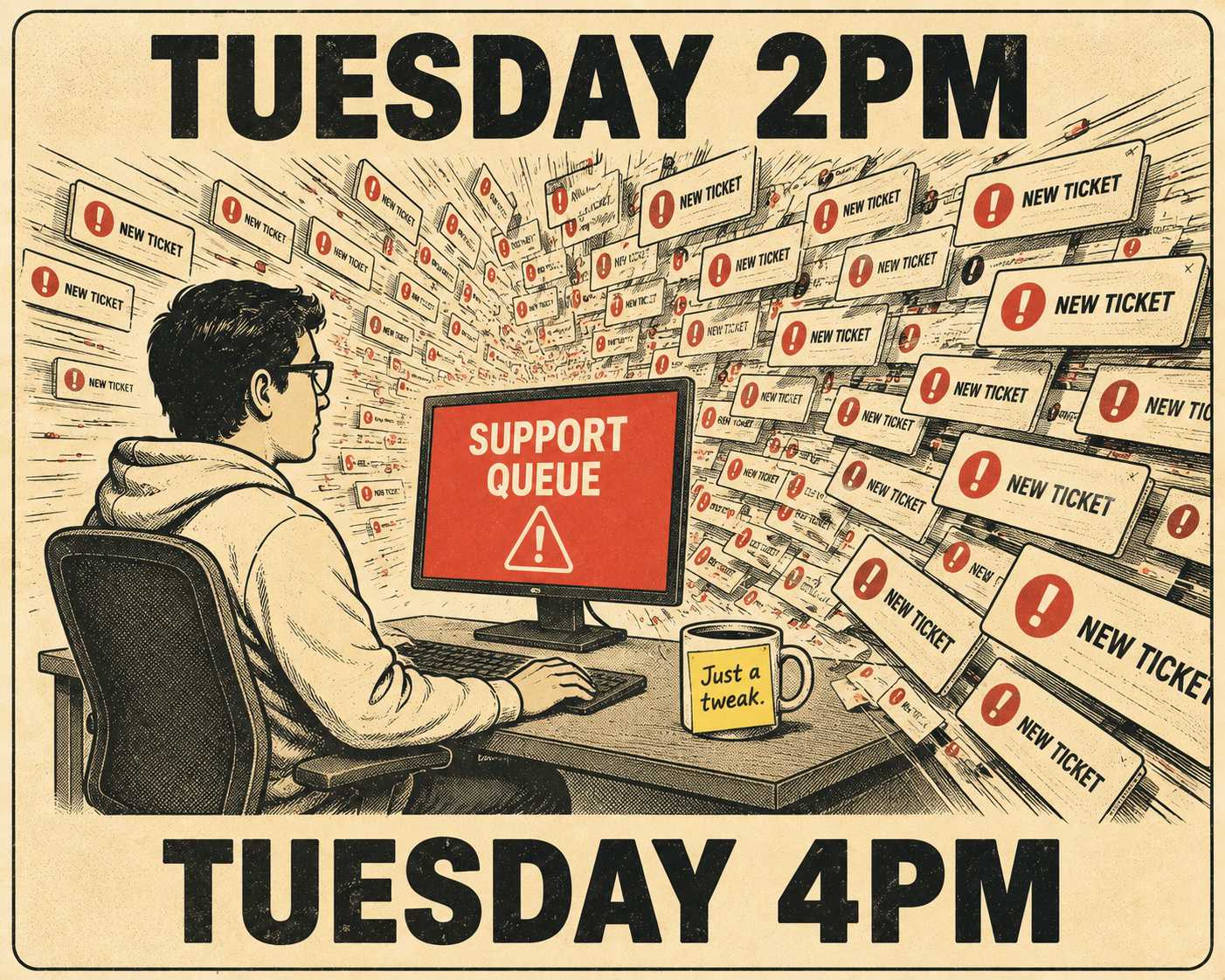 Person calmly at desk surrounded by flying notification alerts labeled 'Support Queue.'