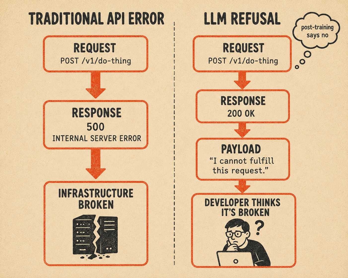 Side-by-side diagram comparing traditional API errors to LLM refusals, showing they appear identical externally