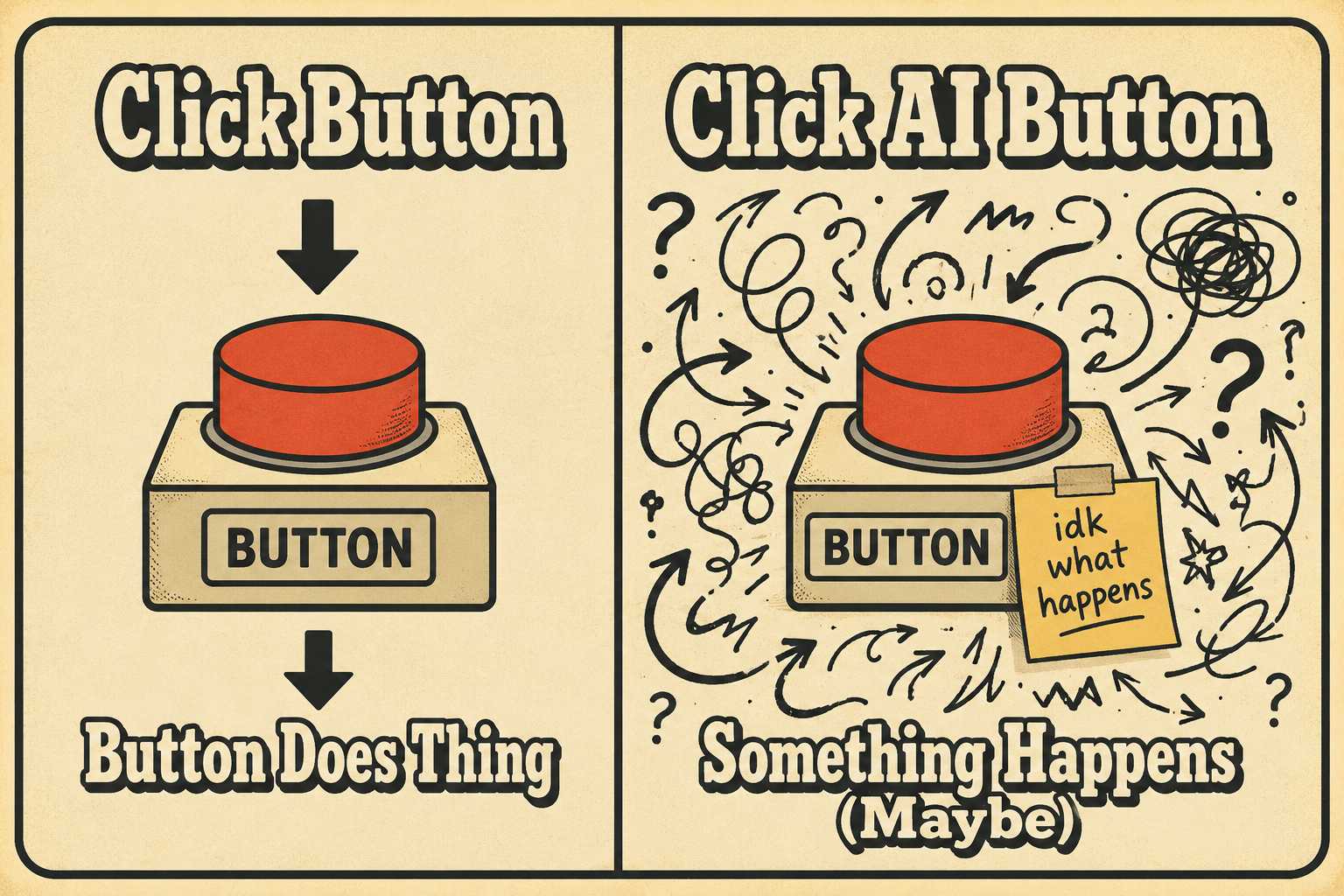 Split-screen comparison of a predictable button versus an unpredictable AI button surrounded by chaos.