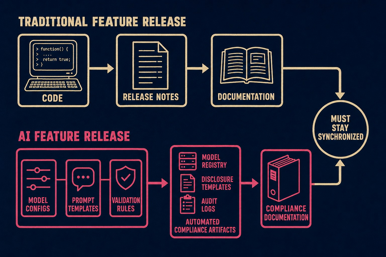 Diagram showing two parallel documentation streams: traditional feature release and AI-specific compliance documentation.