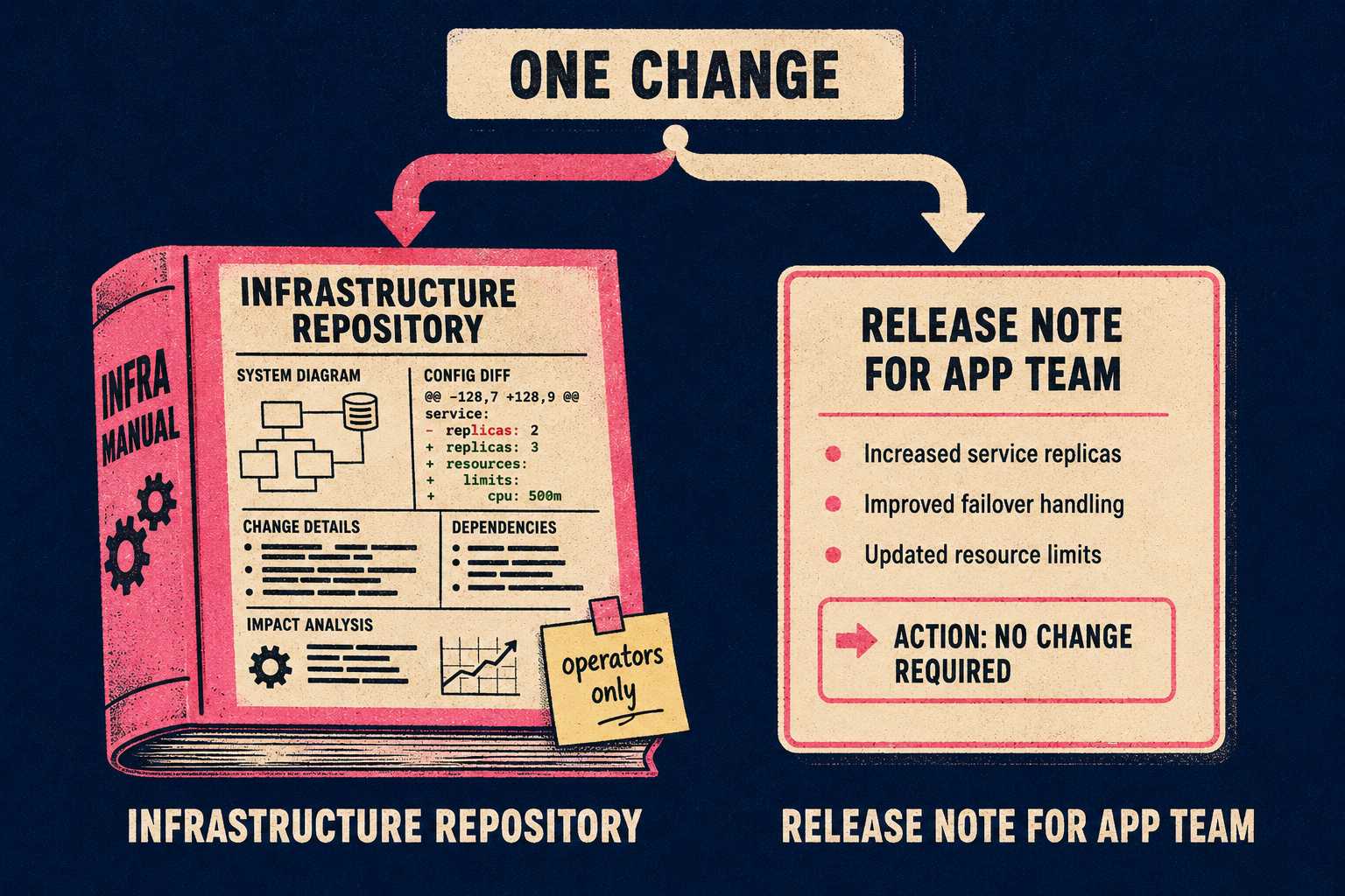 Diagram showing infrastructure documentation and release note as separate destinations.