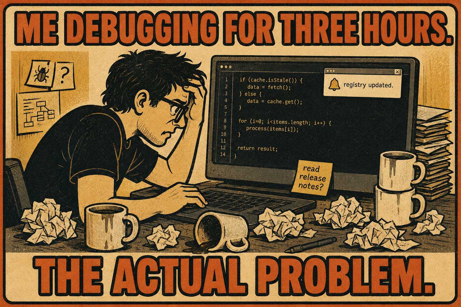 Developer intently debugging code while platform change notification sits unnoticed