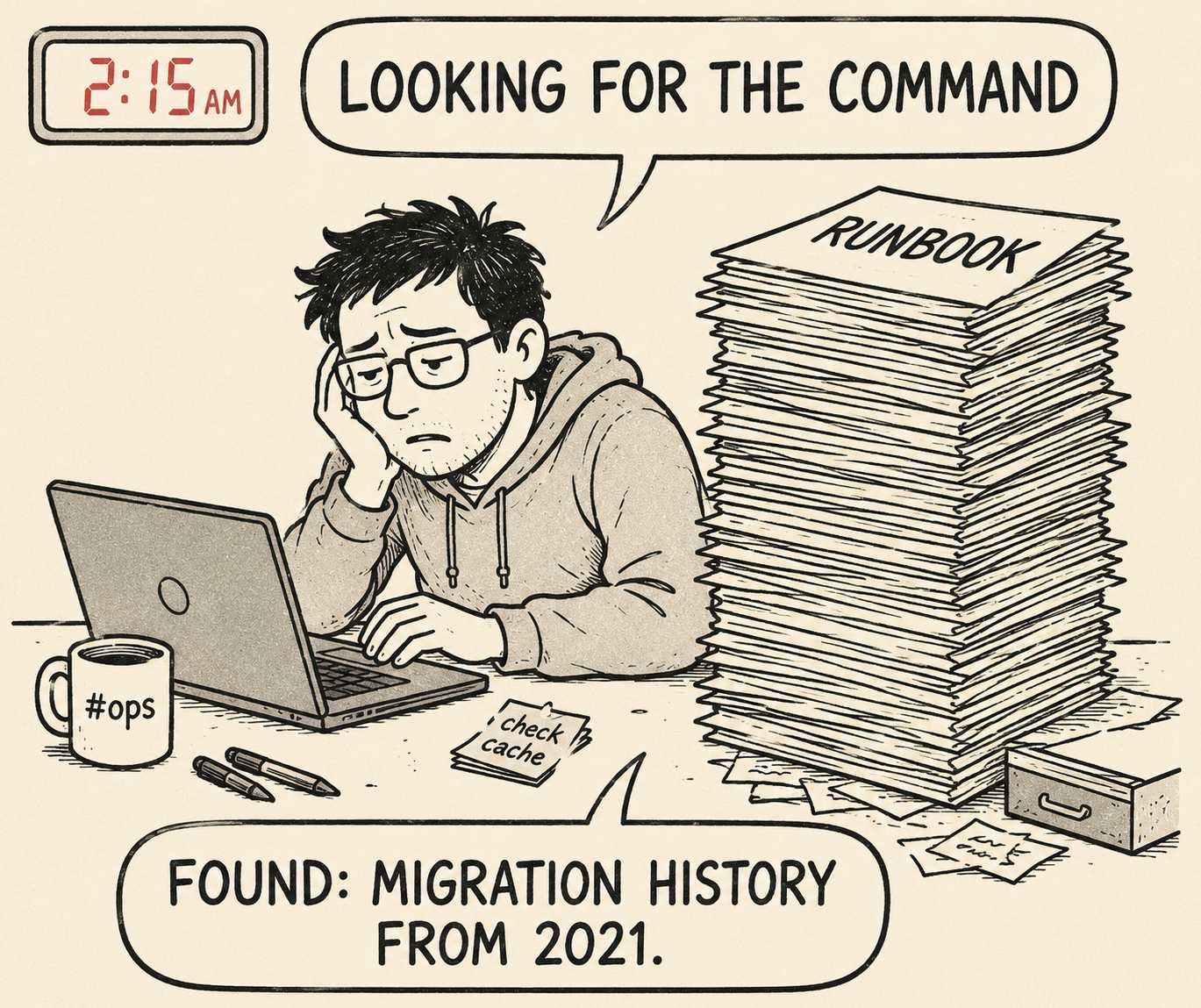 Cartoon of exhausted engineer surrounded by pages of irrelevant documentation