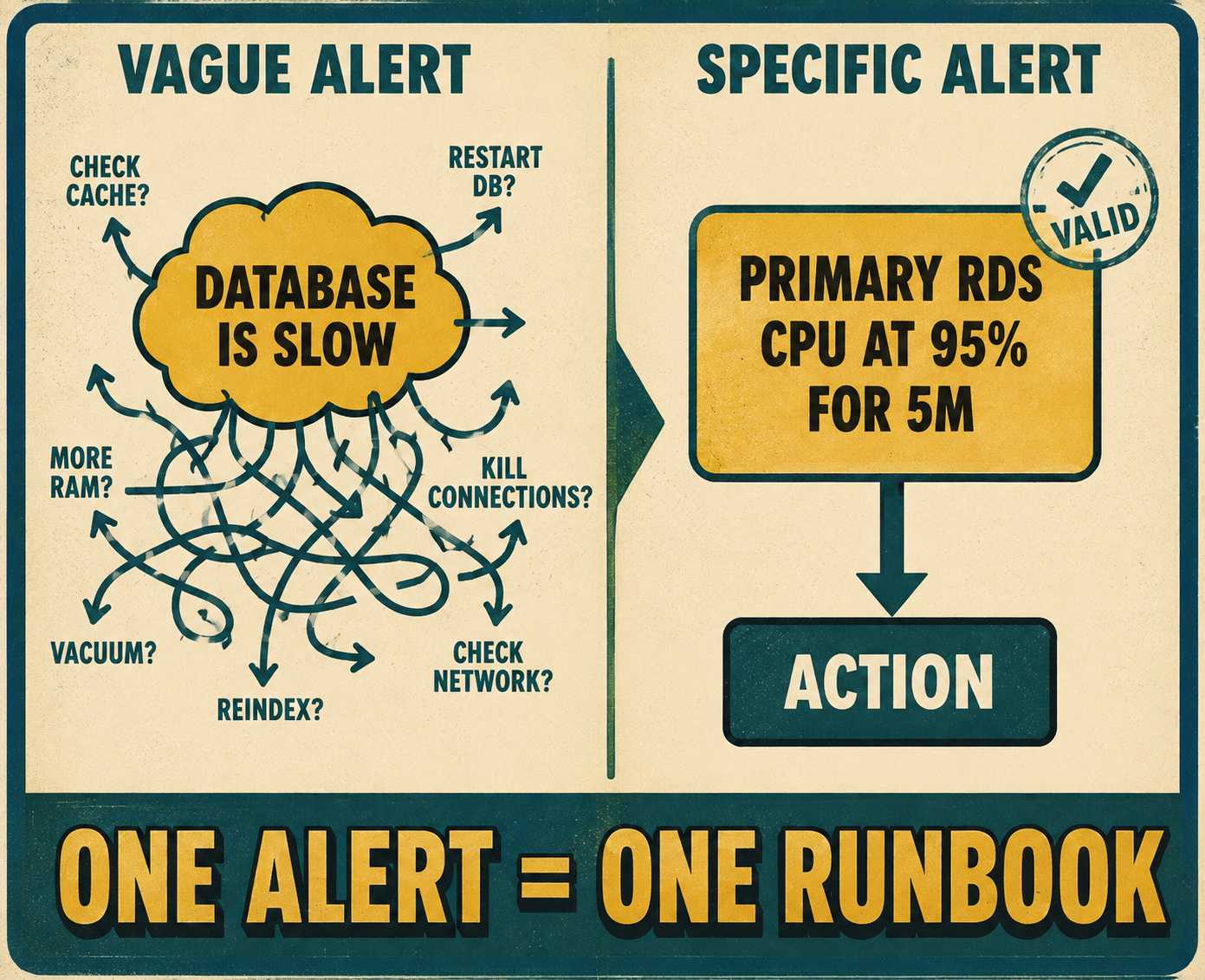 Retro infographic contrasting broad problem topic with specific alert condition