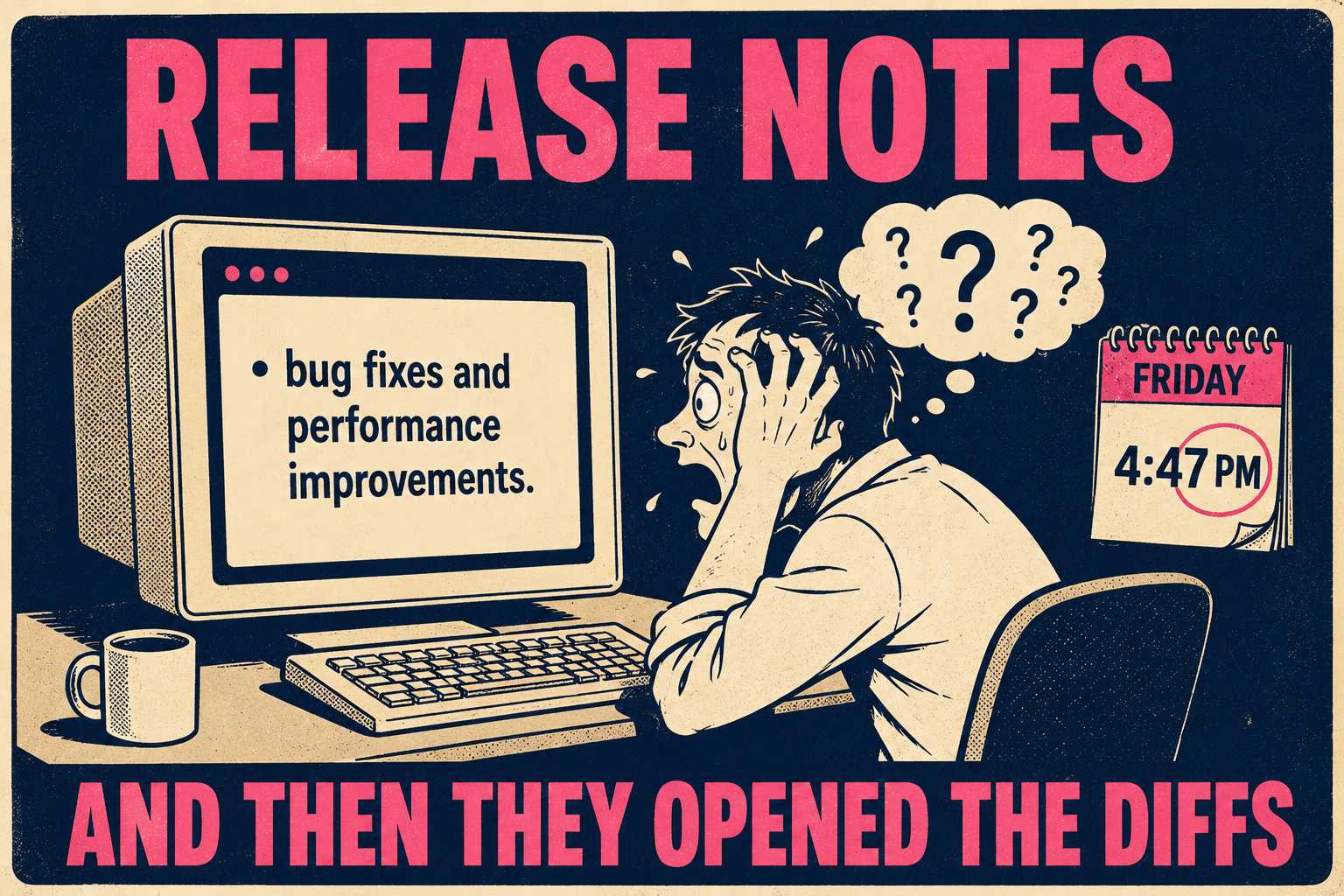 Panicked developer at desk reading vague release notes on Friday afternoon