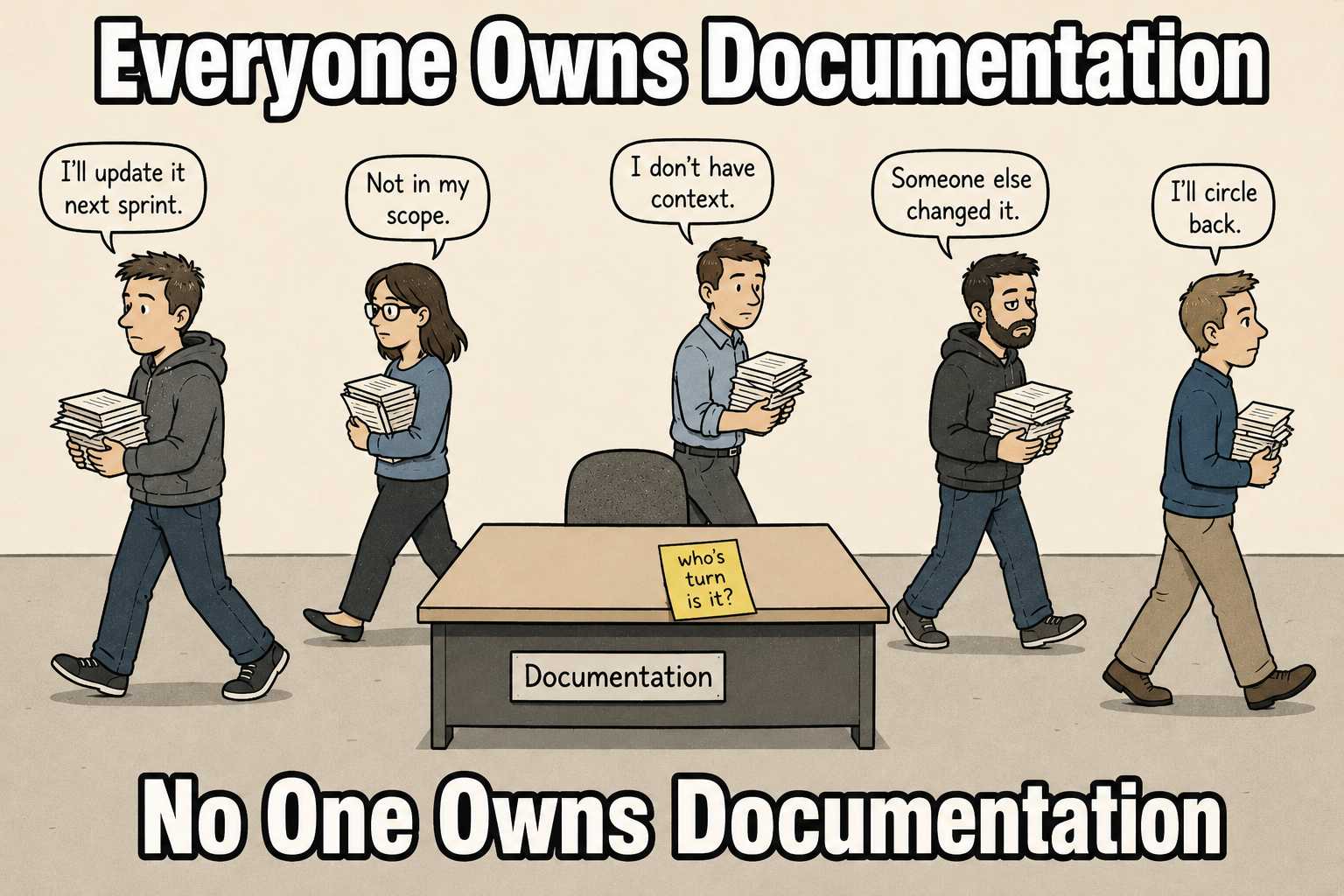 Five engineers walk past an empty documentation desk, each holding papers.