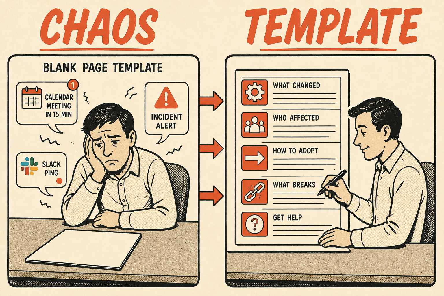 Left: blank page overwhelmed by distractions. Right: structured template being completed efficiently.