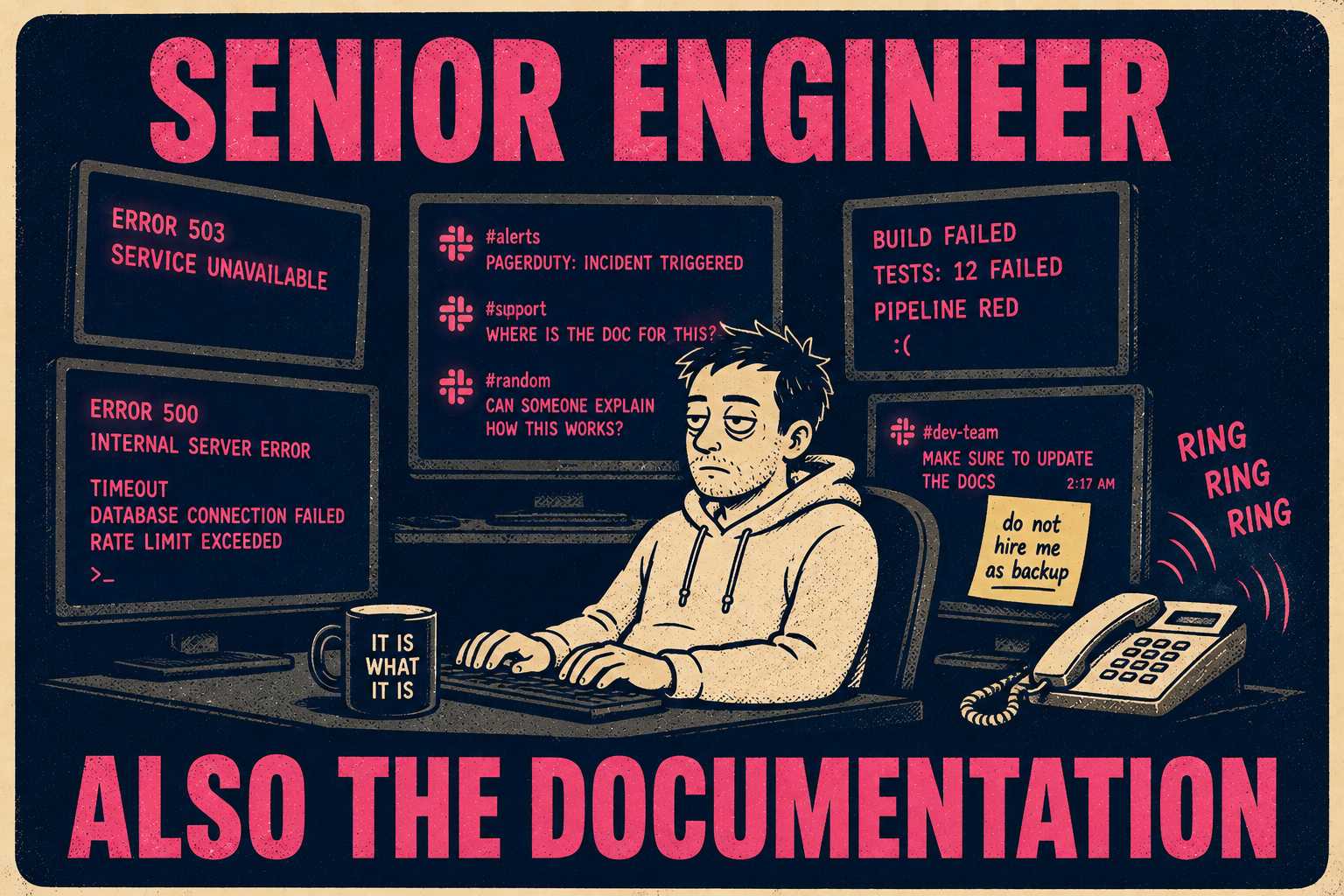 Engineer surrounded by monitors and ringing phones, labeled 'Senior Engineer' and 'Also the Documentation'