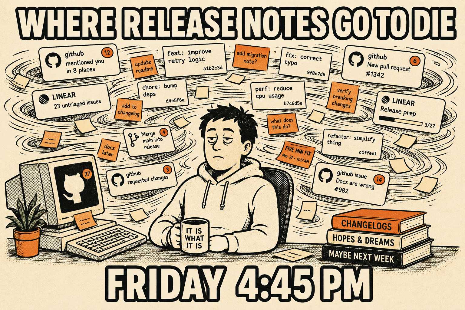 Person at desk surrounded by floating notifications and commit messages, expression of resigned acceptance