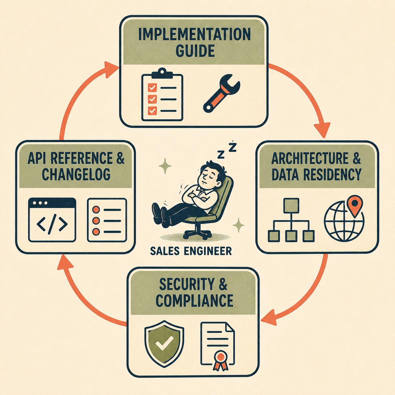 Diagram showing four core documentation artifacts arranged in a cycle: implementation guide, architecture, security, and API reference