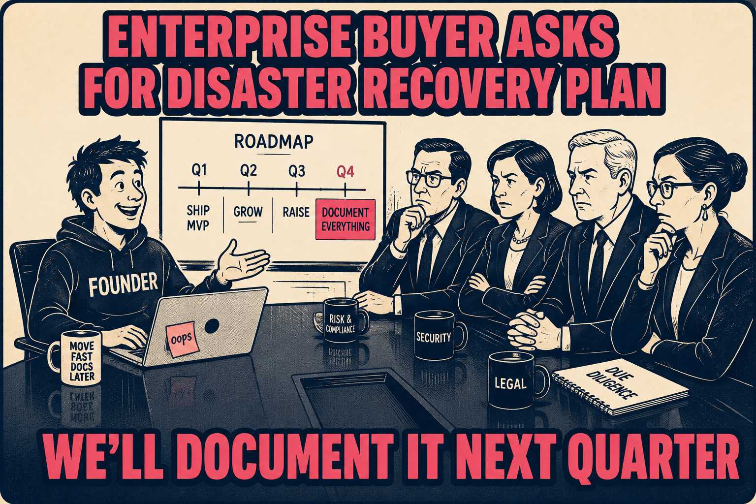 Cartoon of startup founder dismissing enterprise security concerns with vague promise of future documentation