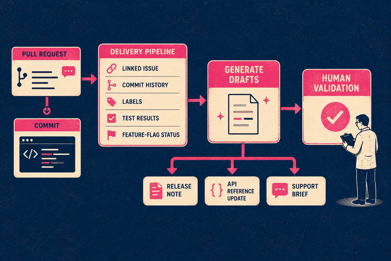 Flow diagram showing pull request becoming multiple destination-specific documentation drafts through automation