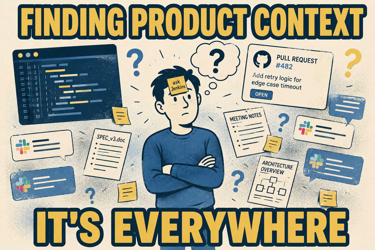 Confused figure surrounded by scattered code, Slack messages, and question marks