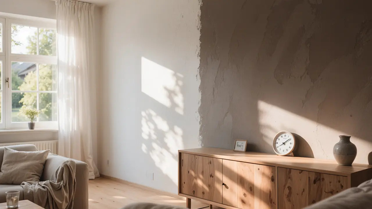 Helles Wohnzimmer mit Sonnenlicht, Blätterschatten auf strukturierter Wand, weißem Vorhang und Holzsideboard mit Uhr und Vase.
