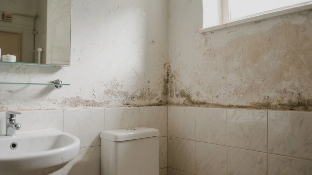 Schimmelbefall im Badezimmer an feuchter Wand über Fliesen und unter Fenster.