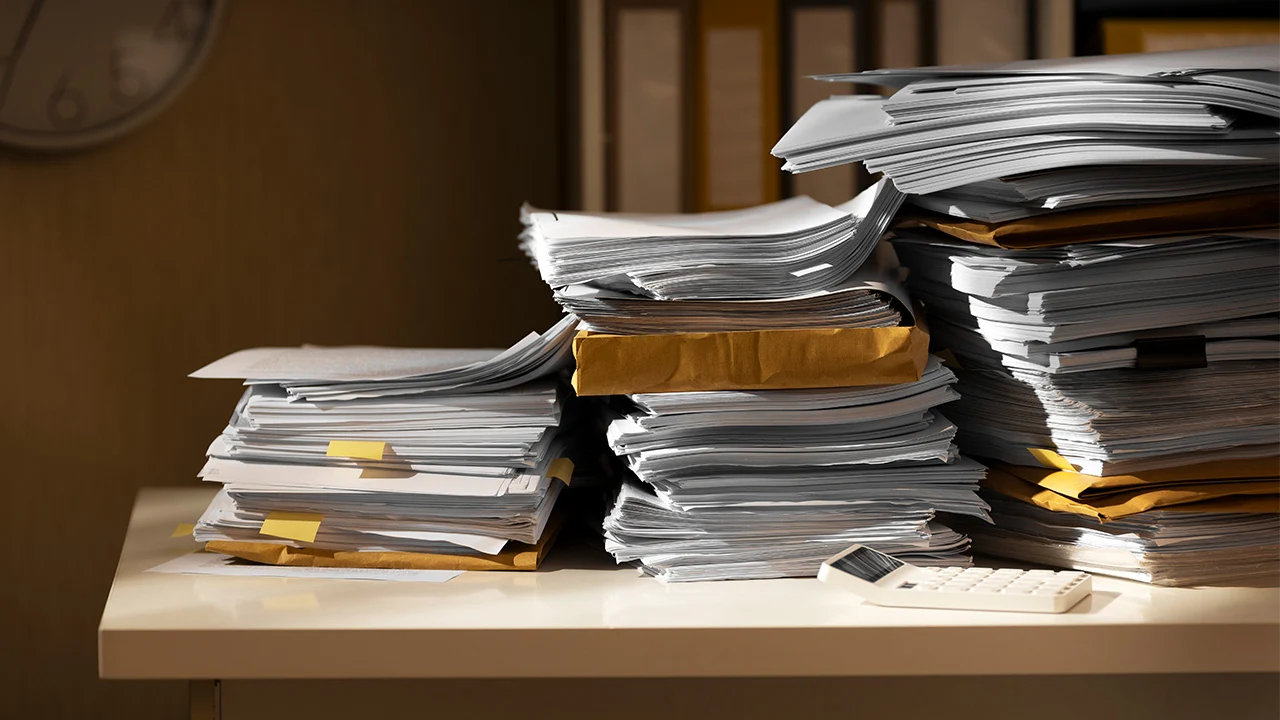 Hohe Papierstapel und Aktenumschläge auf überladenem Schreibtisch mit Taschenrechner – Symbol für aufwendige Buchhaltung und Bürokratie.