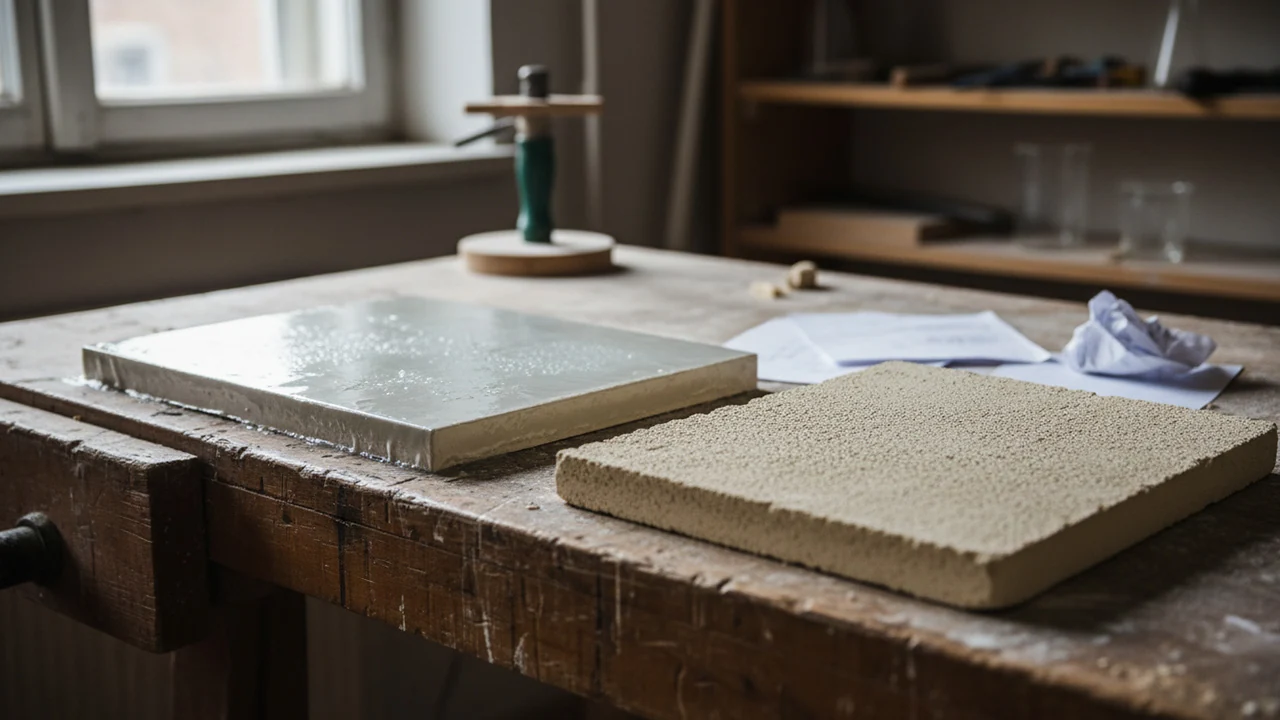 Zwei Musterplatten mit glatter und strukturierter Kalkputz-Oberfläche auf einer Holzwerkbank im Atelier, im Hintergrund Werkzeuge und Unterlagen für die Wandgestaltung.