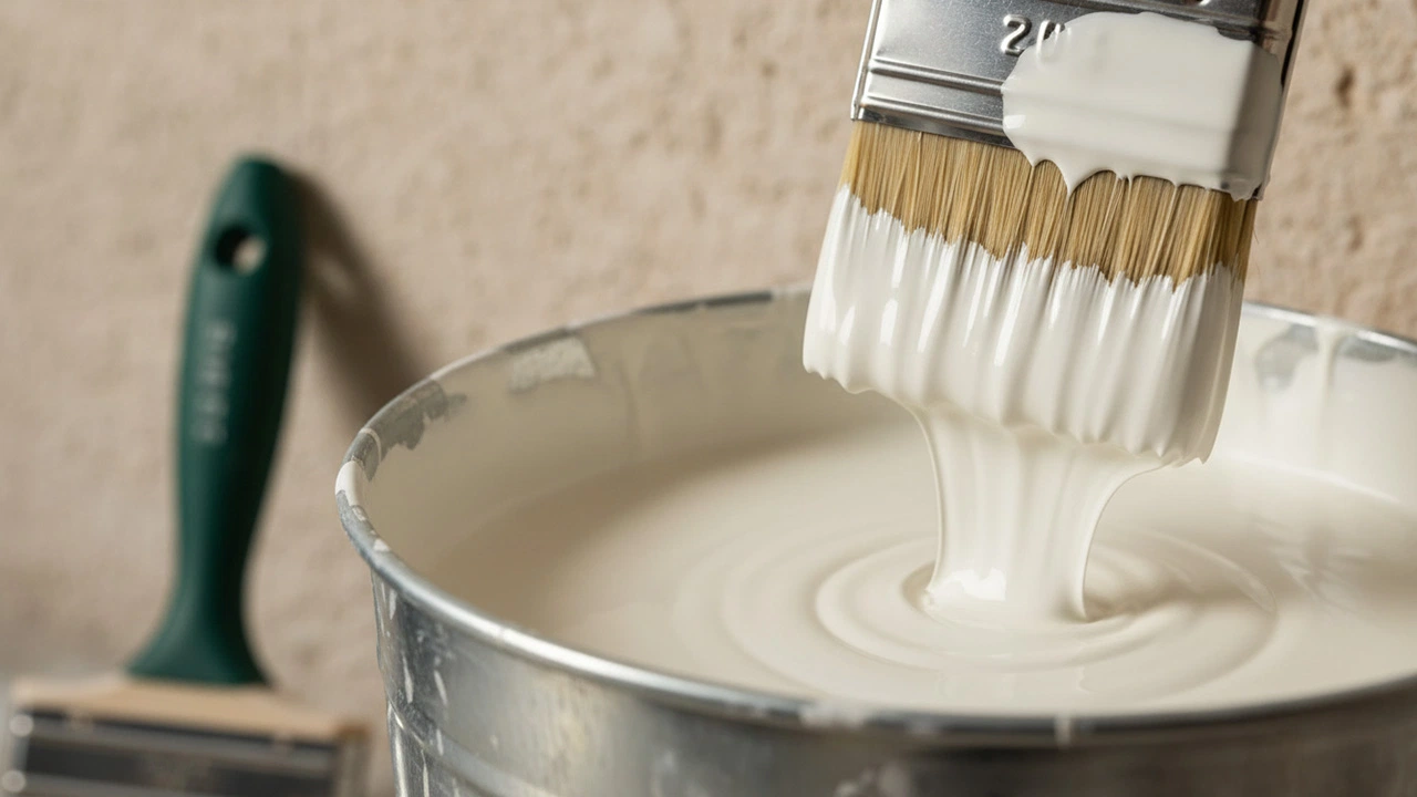 Nahaufnahme eines Pinsels, der in weiße Kalkfarbe getaucht ist und über einem Metalleimer abtropft, im Hintergrund eine mineralische Wand und ein zweiter Pinsel mit grünem Griff.