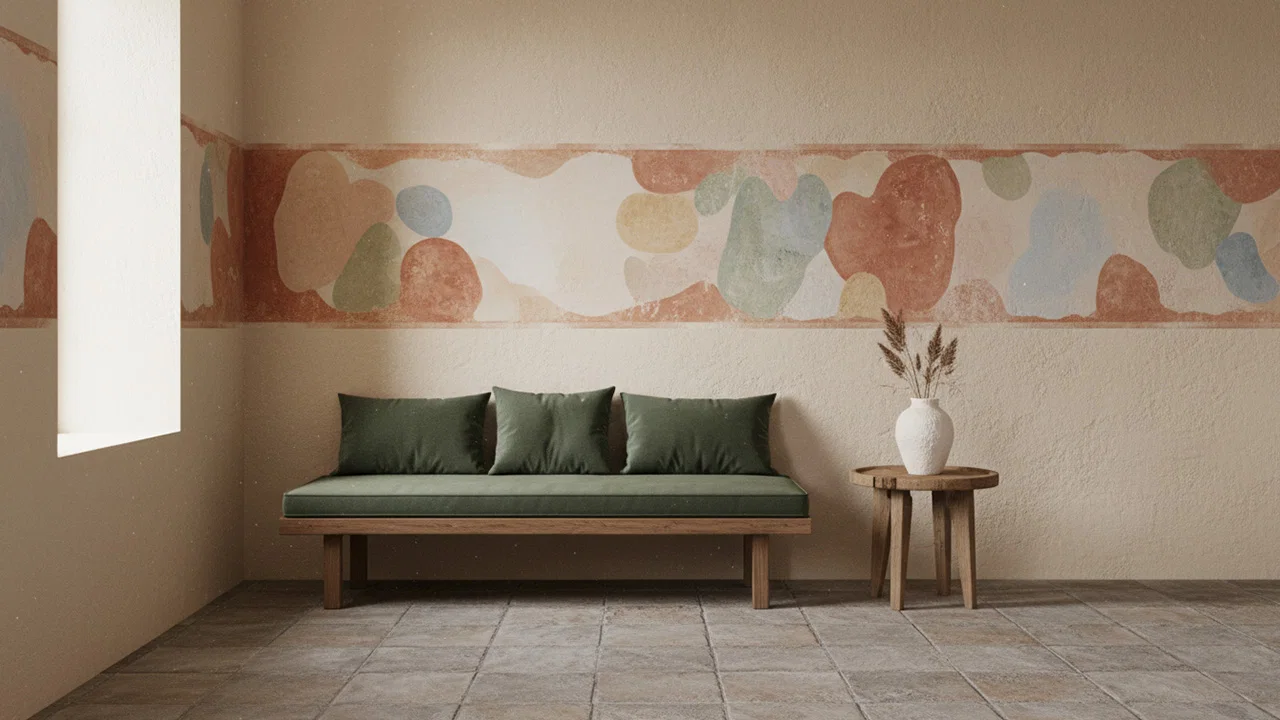 Mediterraner Raum mit warmen Kalkputzwänden, umlaufender abstrakter Bordüre in Pastellfarben, grünem Holzsofa und Holzbeistelltisch mit Vase auf Steinboden.