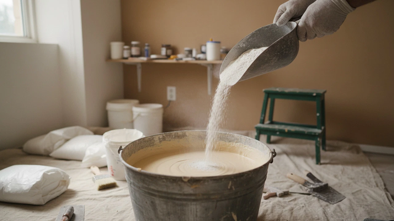 Handwerker schüttet in einem vorbereiteten Raum feines Pulver in einen Eimer mit flüssigem Kalkputz, um die mineralische Wandbeschichtung anzumischen.