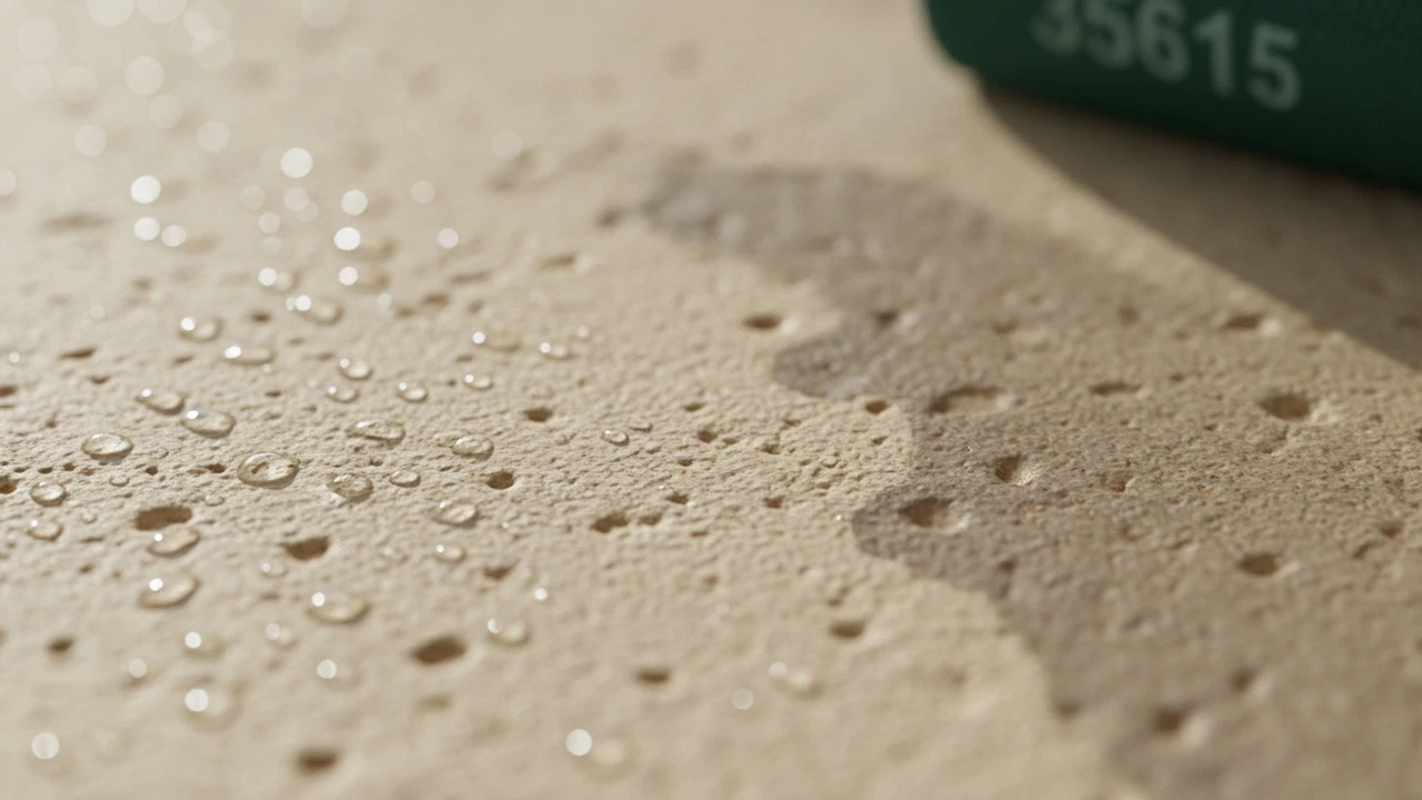 Nahaufnahme einer beigen, strukturierten Kalkputzoberfläche mit Wassertröpfchen und dunkler, feuchter Stelle im Sonnenlicht.