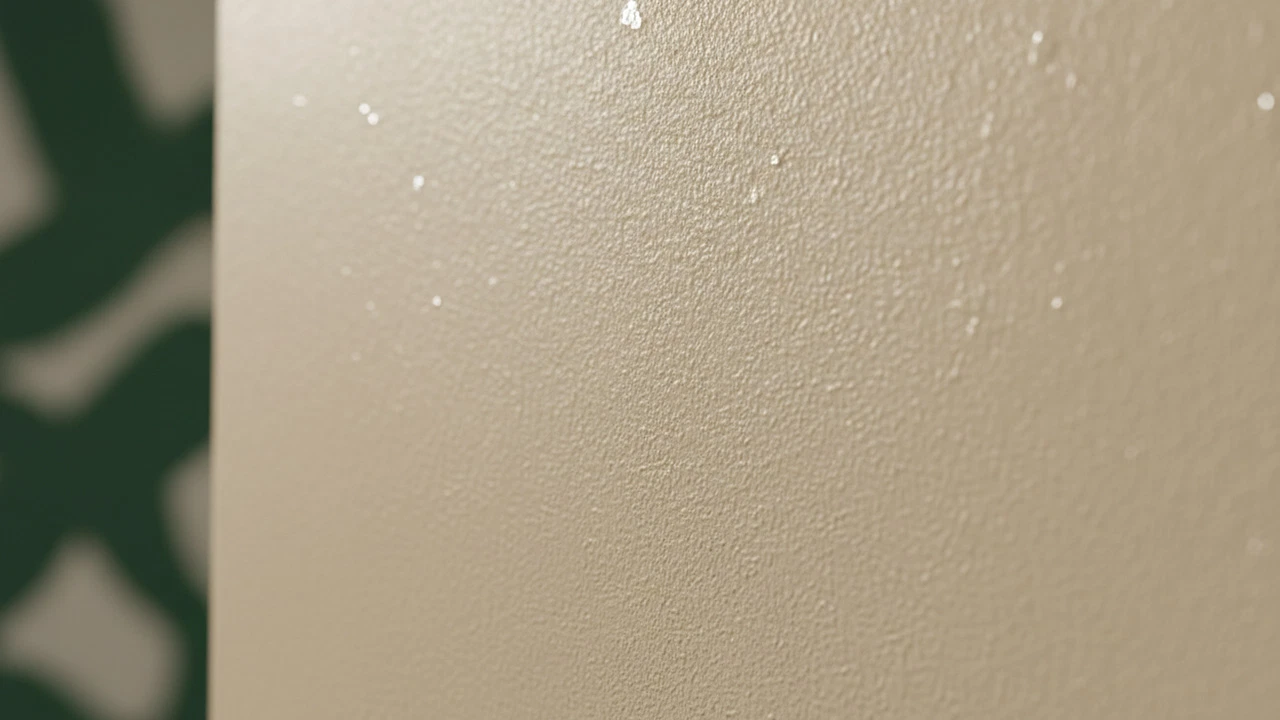 Nahaufnahme einer glatt beschichteten, beige glänzenden Wand mit einzelnen Wassertröpfchen, links im Hintergrund unscharf ein dunkles Schattenmuster.