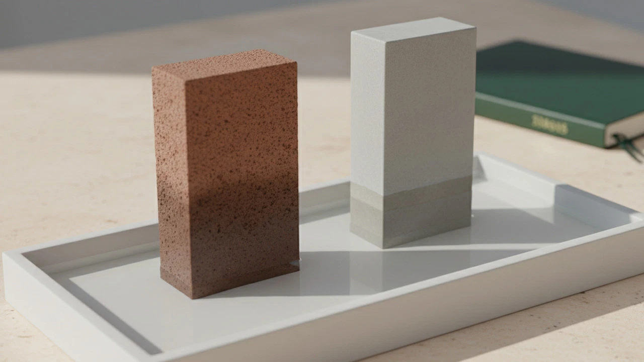 Zwei rechteckige Mustersteine stehen in einer flachen Wasserwanne und zeigen die Kapillarwirkung: Am unbehandelten Ziegel steigt das Wasser deutlich höher hoch als am hell beschichteten Stein.