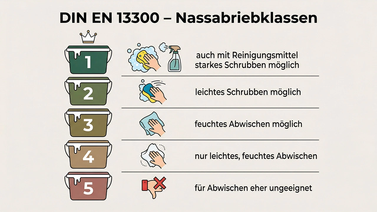 Infografik zu „DIN EN 13300 – Nassabriebklassen“ mit fünf farbigen Farbeimern der Klassen 1 bis 5 und Piktogrammen, die zeigen, wie stark gestrichene Wände jeweils gereinigt werden können