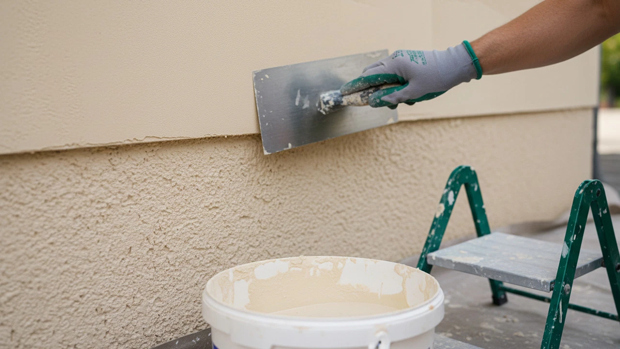 Handwerker trägt mit einer Glättkelle neuen beigen Oberputz auf eine bereits verputzte Hausfassade auf, darunter Eimer mit Putzmörtel und kleine Stehleiter.