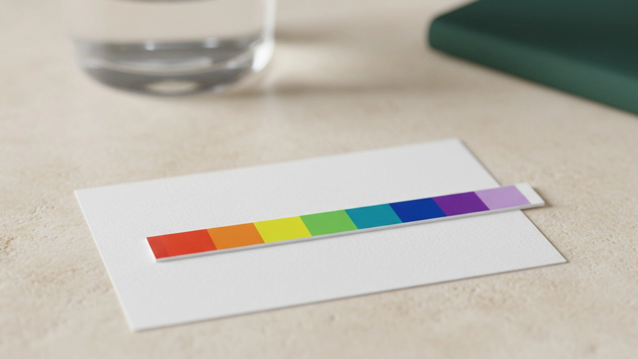 pH-Indikatorstreifen mit Farbskala von Rot bis Violett auf einer weißen Karte, liegend auf heller Steinoberfläche, im Hintergrund unscharf ein Wasserglas und ein dunkelgrünes Notizbuch.