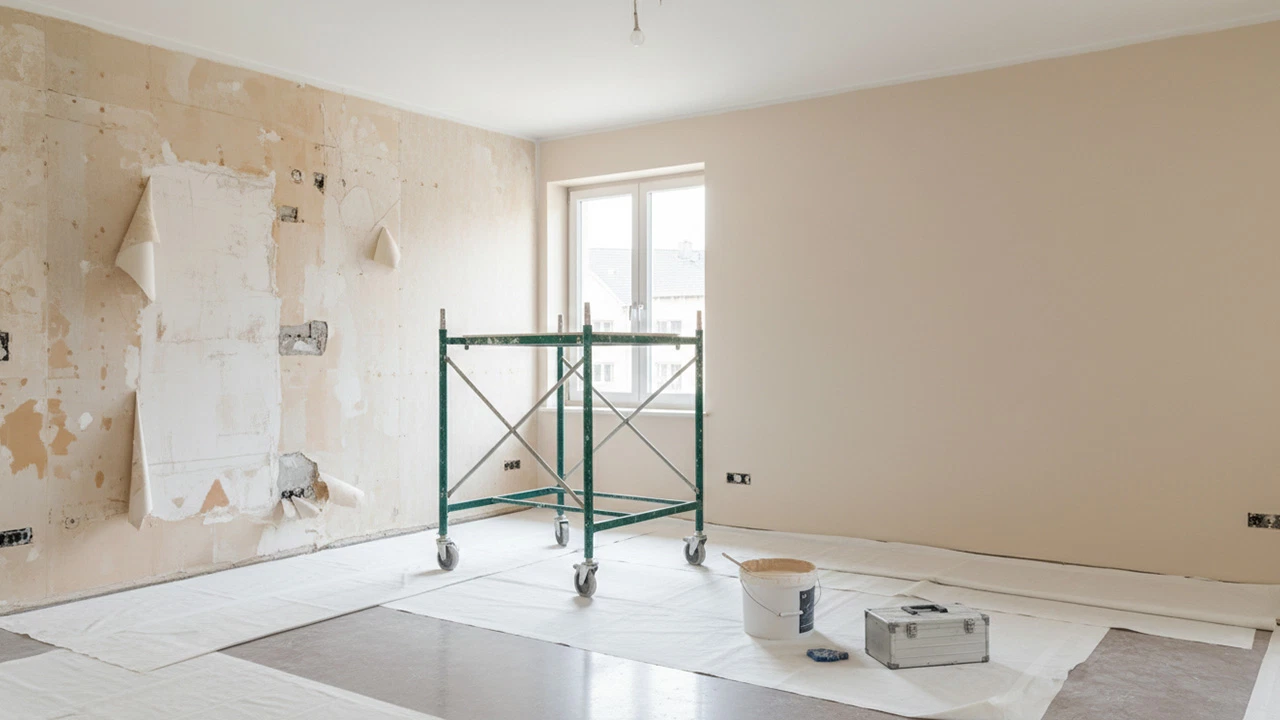 Heller Raum in Renovierung: links freigelegte, beschädigte Altwand, rechts frisch beige gestrichene Fläche, auf dem mit Vlies abgedeckten Boden stehen Rollgerüst, Farbeimer und Werkzeug.