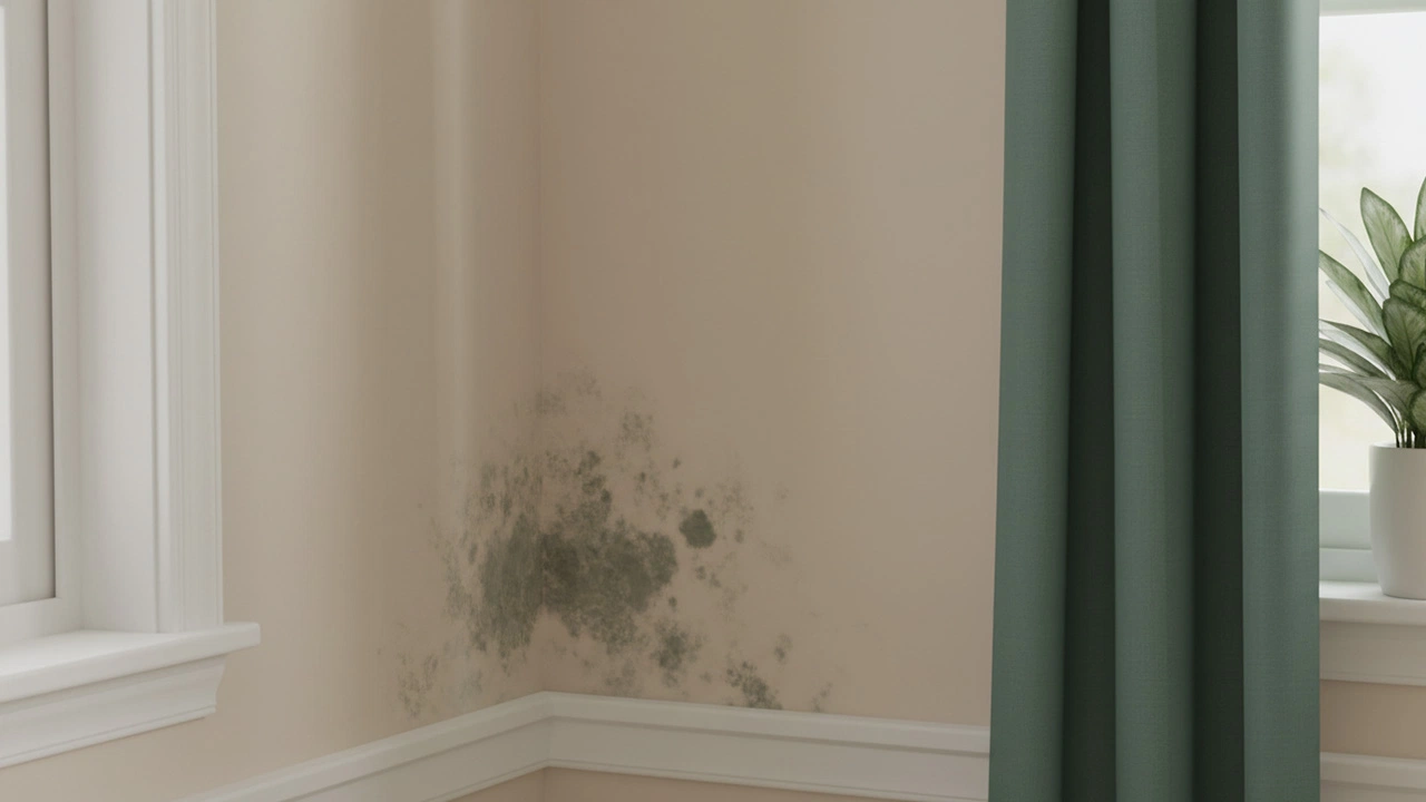 Beigefarbene Innenwand mit deutlichem Schimmelbefall in der Zimmerecke unterhalb des Fensters, daneben grüner Vorhang und Fensterbank mit Zimmerpflanze