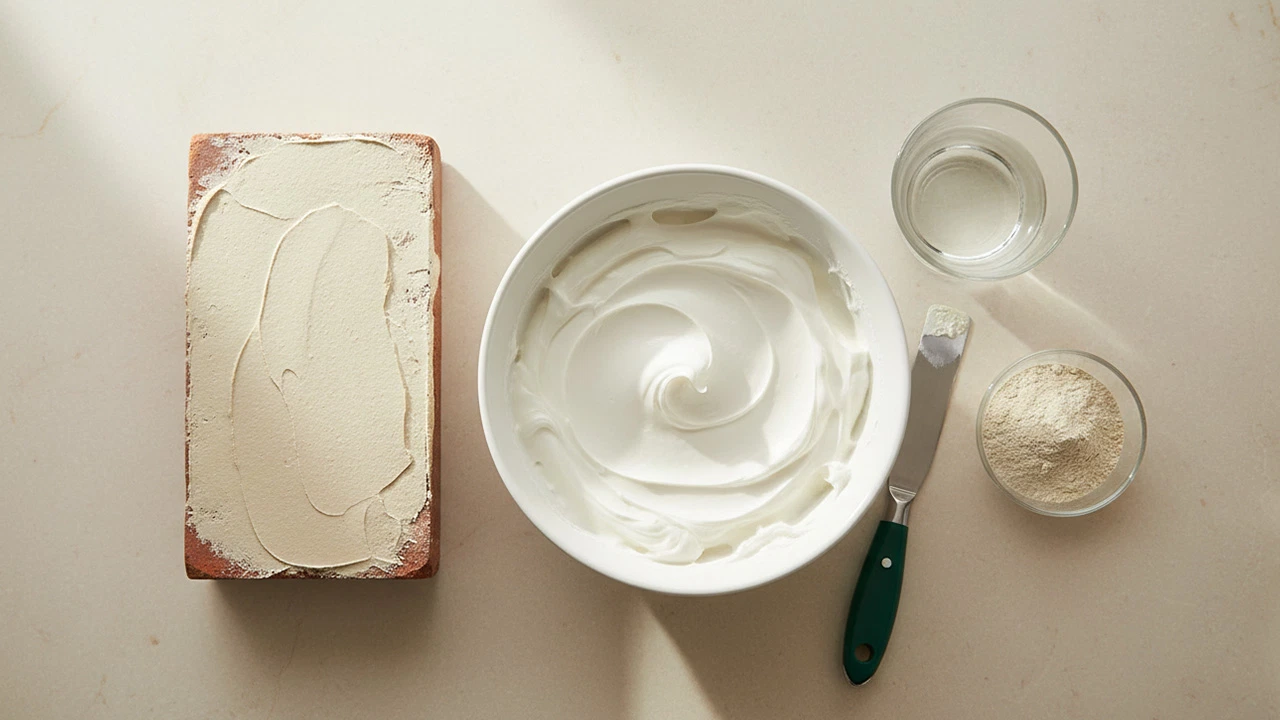 Ziegelstein mit aufgezogener Sumpfkalkputzschicht, daneben Schale mit cremig angerührtem Sumpfkalk, Glas mit Wasser, Pulver und Spachtel – Vorbereitung einer Kalkputz-Mischung für mineralische Untergründe.