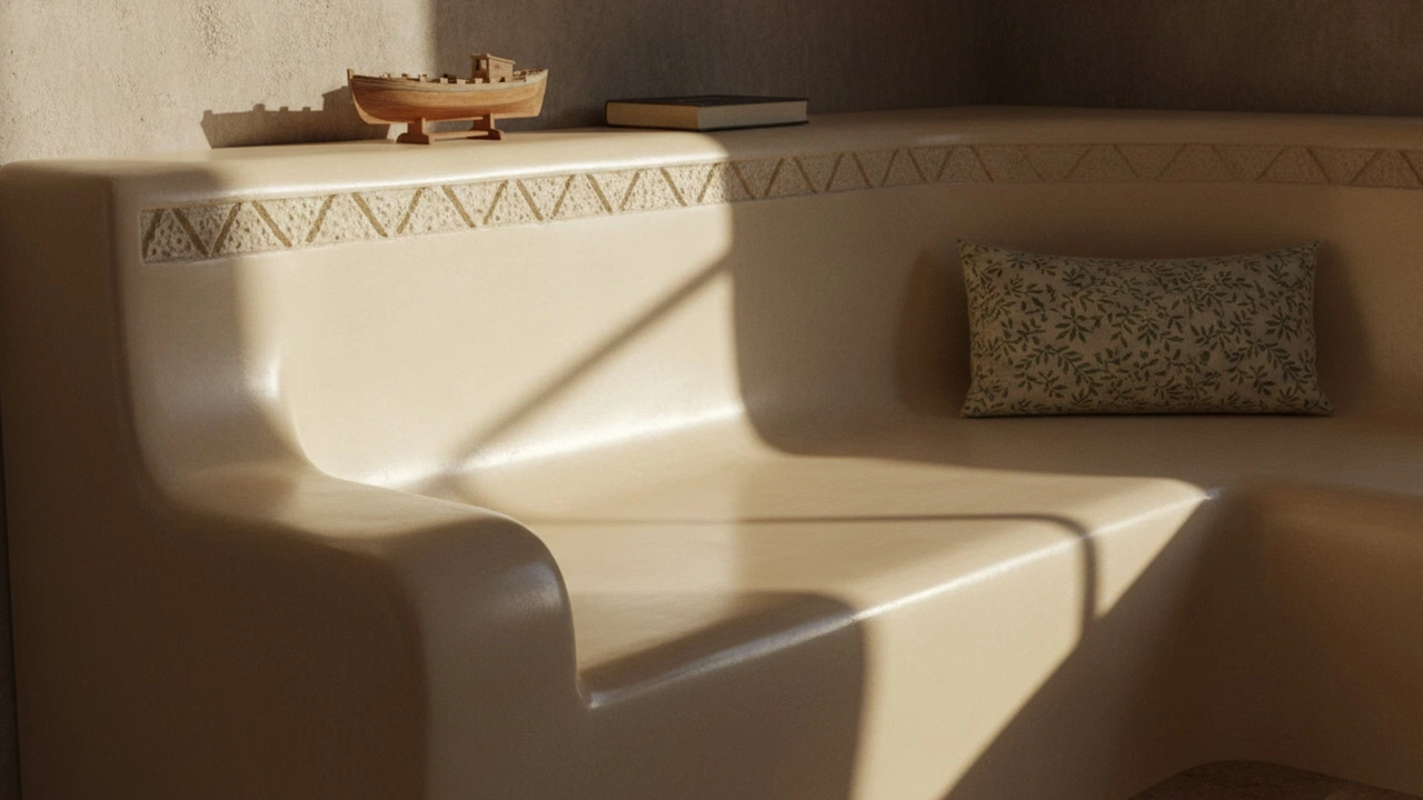 Fugenlose, sandfarbene Tadelakt‐Sitzbank mit weich gerundeten Formen, ornamentaler Putzbordüre und Dekokissen, von warmem Sonnenlicht mit starken Schatten akzentuiert.