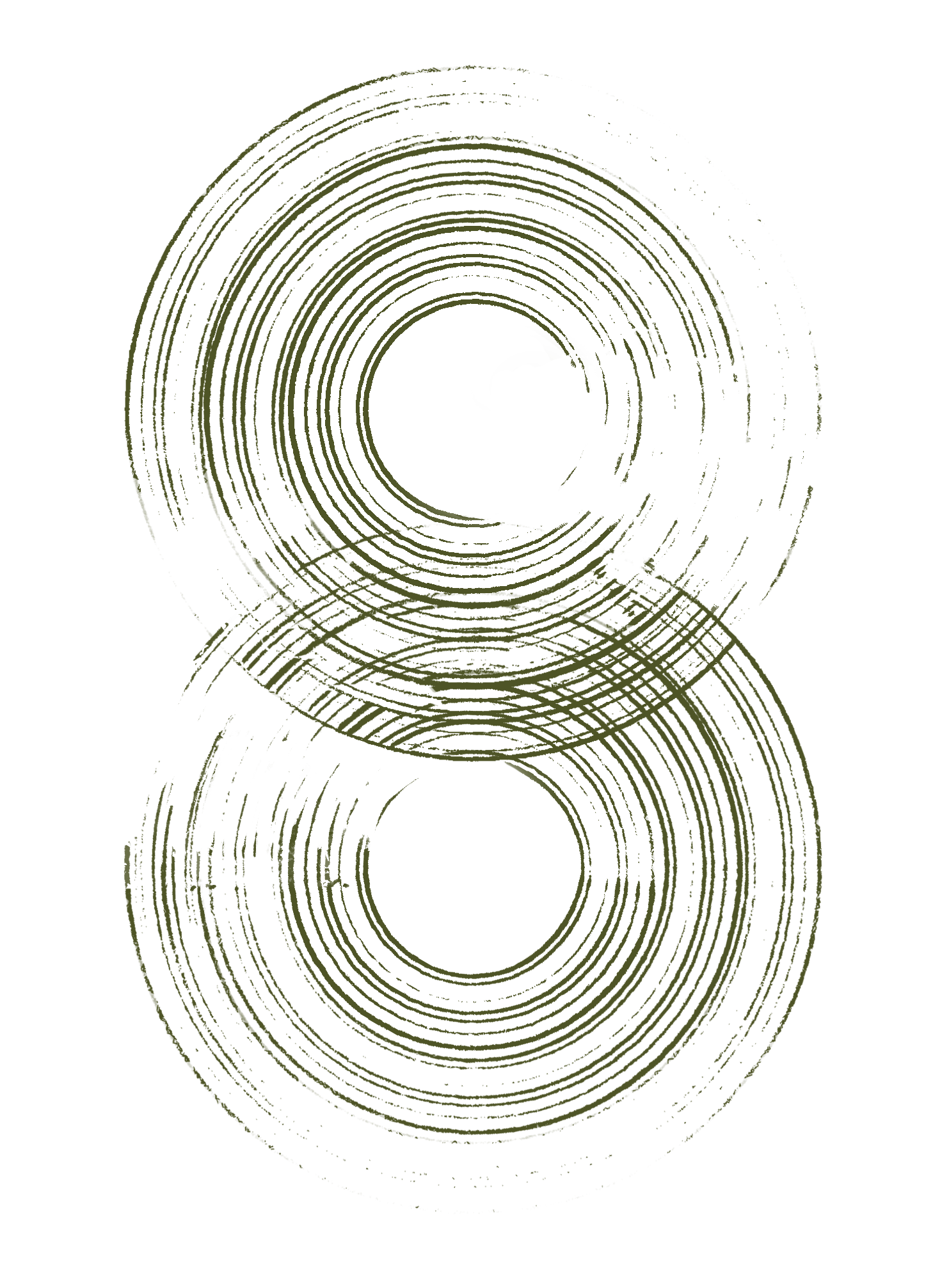 Abstract green circular pattern resembling two overlapping tree rings or concentric woodcuts forming an 8 shape on a white background.